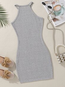 SHEIN Girls Rib-knit Fitted Dress - Grey - View 2