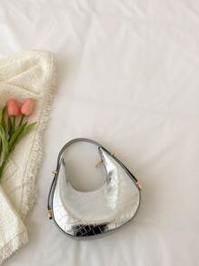 金屬質感鱷魚壓紋流浪包 - 銀色 - 查看 2