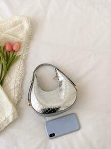 金屬質感鱷魚壓紋流浪包 - 銀色 - 查看 3