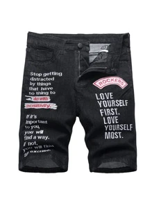 Manfinity Men Slogan Embroidery Bermuda Denim Shorts - Black - View 1