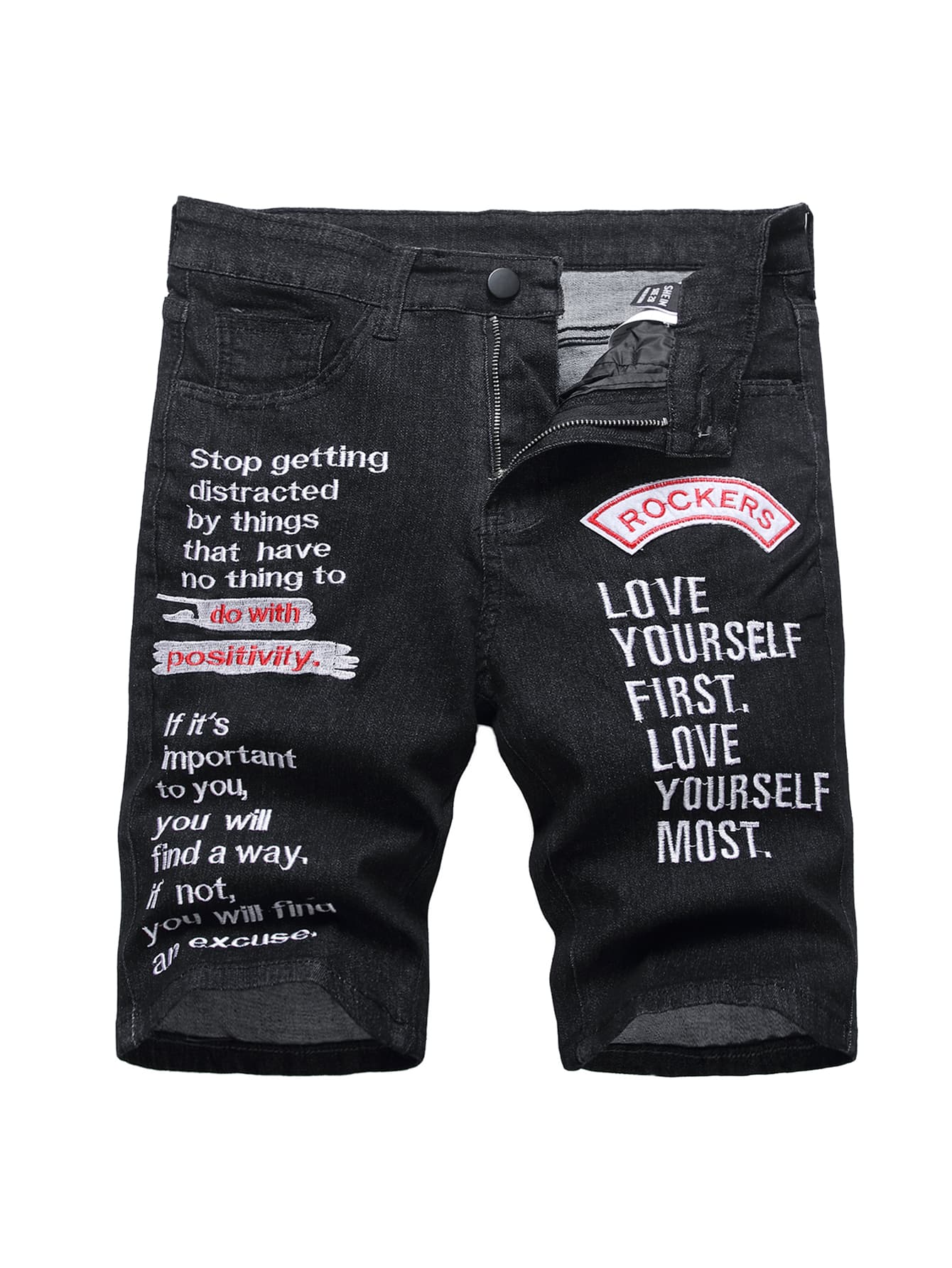 Manfinity Men Slogan Embroidery Bermuda Denim Shorts - Black - View 1