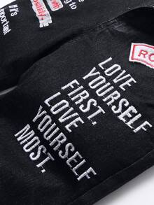 Manfinity Men Slogan Embroidery Bermuda Denim Shorts - Black - View 3