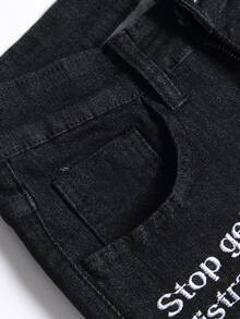 Manfinity Men Slogan Embroidery Bermuda Denim Shorts - Black - View 4