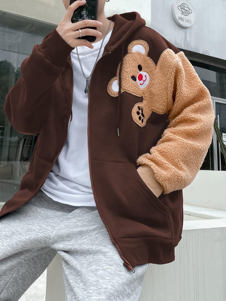 Manfinity Hypemode Loose Fit Men's Thermal Hoodie With Bear Patch Detailing, Drop Shoulder Design And Drawstring - Coffee Brown - View 1