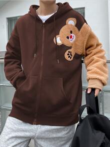 Manfinity Hypemode Loose Fit Men's Thermal Hoodie With Bear Patch Detailing, Drop Shoulder Design And Drawstring - Coffee Brown - View 3