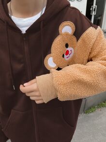 Manfinity Hypemode Loose Fit Men's Thermal Hoodie With Bear Patch Detailing, Drop Shoulder Design And Drawstring - Coffee Brown - View 4