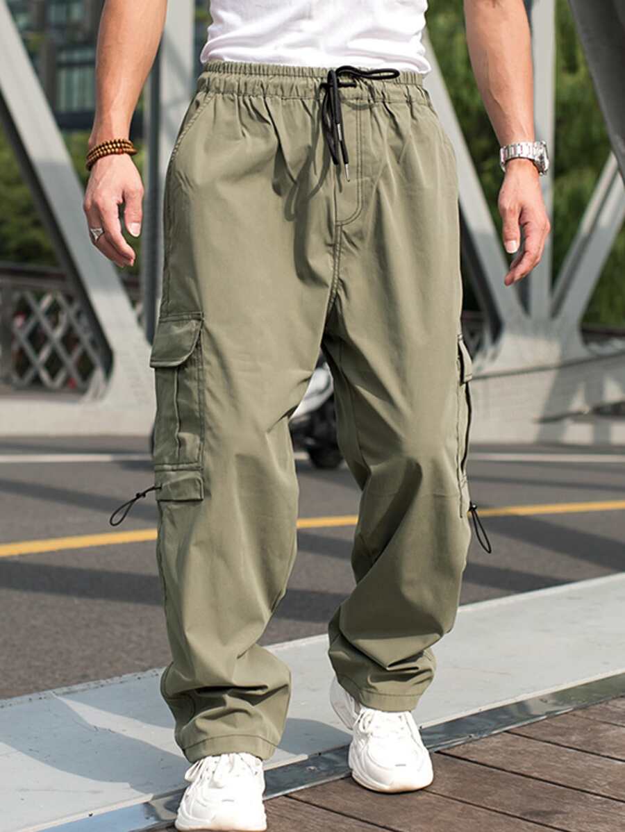Manfinity Men Flap Pocket Drawstring Waist Cargo Trousers - Army Green - View 1