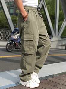Manfinity Men Flap Pocket Drawstring Waist Cargo Trousers - Army Green - View 5