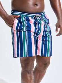 Manfinity Hombres Shorts de natación con estampado de rayas de cintura con cordón