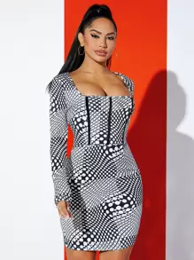 SHEIN SXY 波點圖案方領緊身洋裝