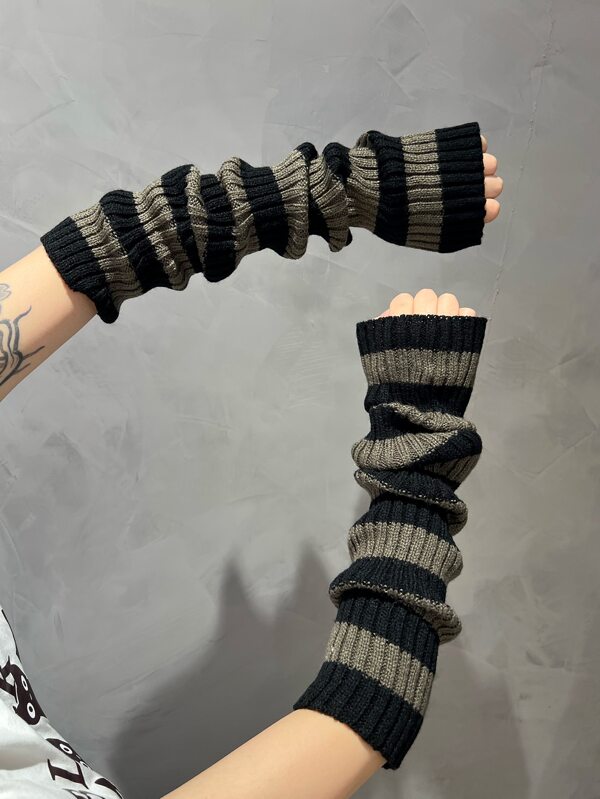 1pair Striped Extra Long Knit Patchwork Arm Warmers SHEIN USA