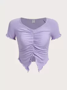 SHEIN Chicas adolescentes Camiseta fruncido delantero ribete en forma de lechuga de manga raglán fruncido bajo con abertura - Lila Púrpura - Ver 1