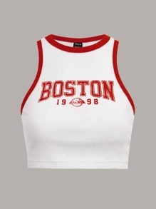 SHEIN EZwear Letter Graphic Contrast Binding Crop Tank Top - Red - View 5