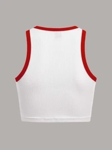 SHEIN EZwear Letter Graphic Contrast Binding Crop Tank Top - Red - View 2