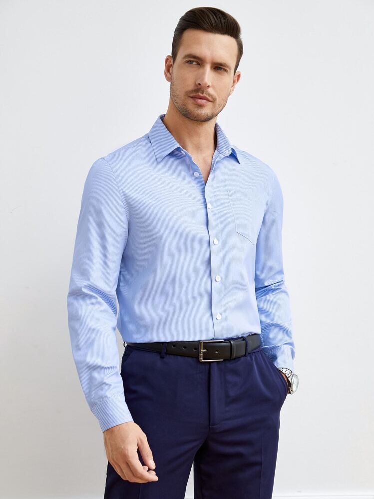 Manfinity NiteLyfe Men Striped Print Pocket Patched Shirt - Blue and White - View 1