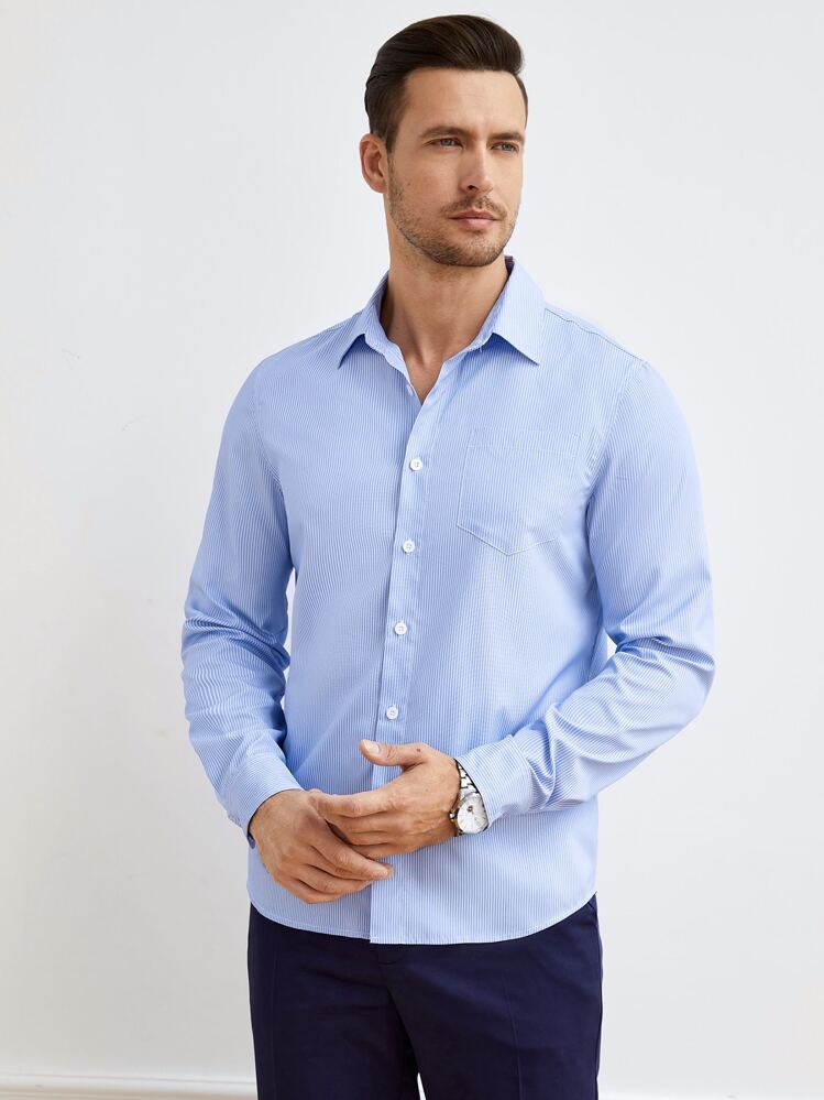 Manfinity NiteLyfe Men Striped Print Pocket Patched Shirt - Blue and White - View 4
