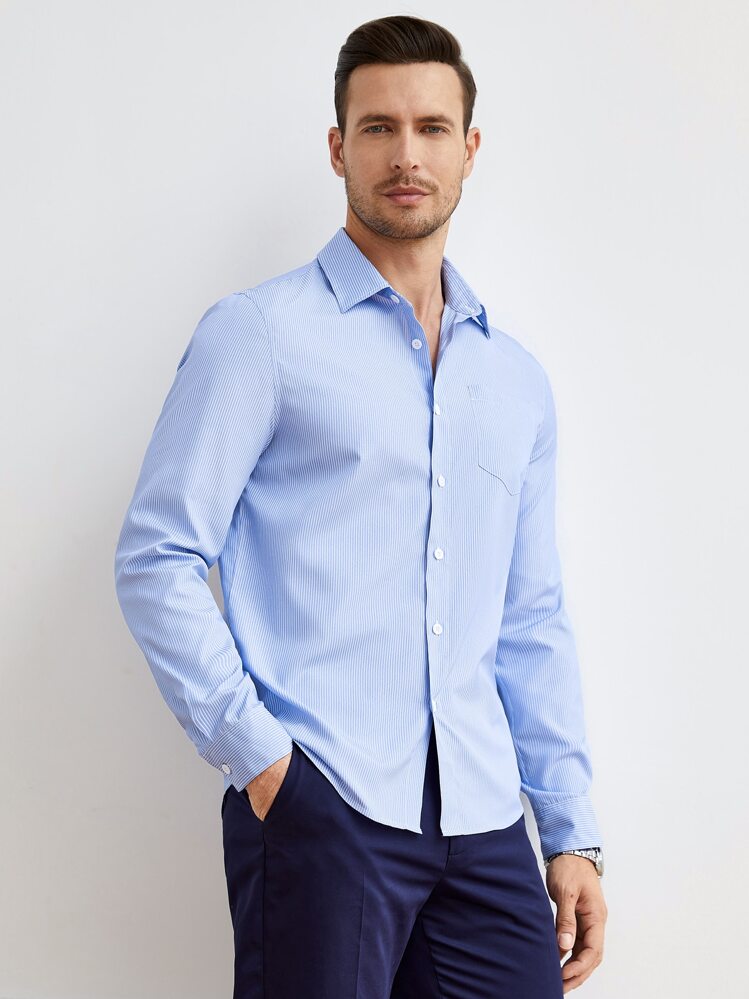 Manfinity NiteLyfe Men Striped Print Pocket Patched Shirt - Blue and White - View 6