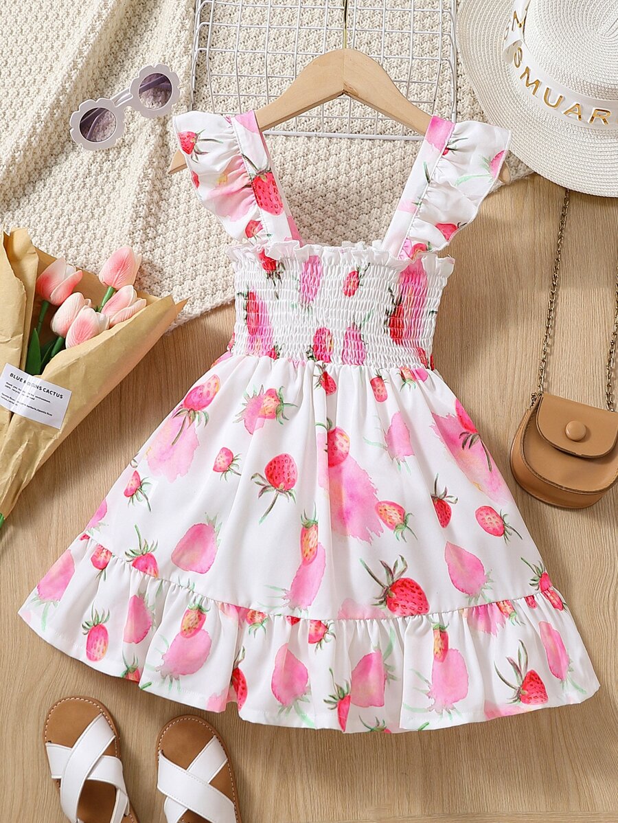 Toddler Girls Strawberry Print Ruffle Trim Dress - White - View 1