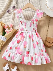 Toddler Girls Strawberry Print Ruffle Trim Dress - White - View 2