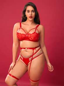 Plus Floral Lace Harness Underwire Garter Lingerie Set - Red - View 3