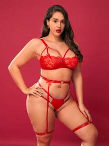 Plus Floral Lace Harness Underwire Garter Lingerie Set - Red - View 4