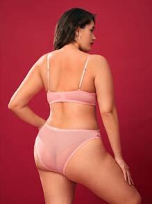 Plus Floral Embroidery Mesh Underwire Garter Lingerie Set - Coral Pink - View 2