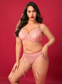 Plus Floral Embroidery Mesh Underwire Garter Lingerie Set - Coral Pink - View 3