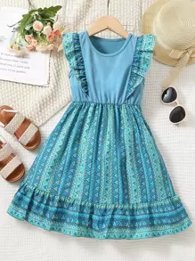 Niñitas Vestido con estampado geométrico ribete con fruncido - Azul - Ver 1
