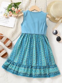 Niñitas Vestido con estampado geométrico ribete con fruncido - Azul - Ver 2