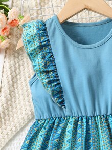 Niñitas Vestido con estampado geométrico ribete con fruncido - Azul - Ver 3