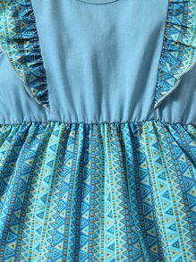 Niñitas Vestido con estampado geométrico ribete con fruncido - Azul - Ver 4