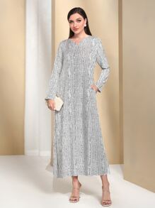 Al Najma Striped Notched Neckline Hidden Pocket Dress - Black and White - View 1