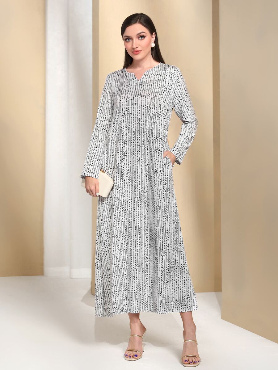 Al Najma Striped Notched Neckline Hidden Pocket Dress - Black and White - View 1