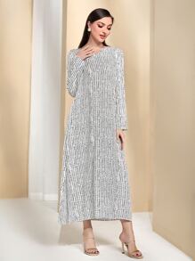 Al Najma Striped Notched Neckline Hidden Pocket Dress - Black and White - View 3