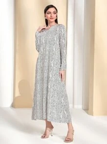 Al Najma Striped Notched Neckline Hidden Pocket Dress - Black and White - View 4