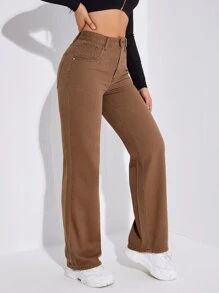 SHEIN EZwear Zipper Fly Straight Leg Jeans - Brown - View 2