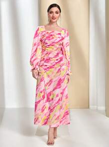 Modelyn Brush Print Square Neck Bishop Sleeve Ruched Front Dress - Multicolor - View 1