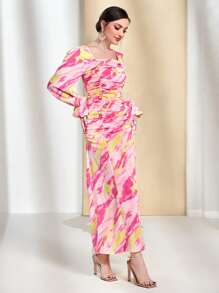 Modelyn Brush Print Square Neck Bishop Sleeve Ruched Front Dress - Multicolor - View 3