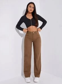 SHEIN EZwear Zipper Fly Straight Leg Jeans - Brown - View 6