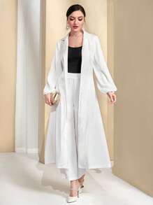 Modelyn Solid Lantern Sleeve Coat & Wide Leg Trousers - White - View 1
