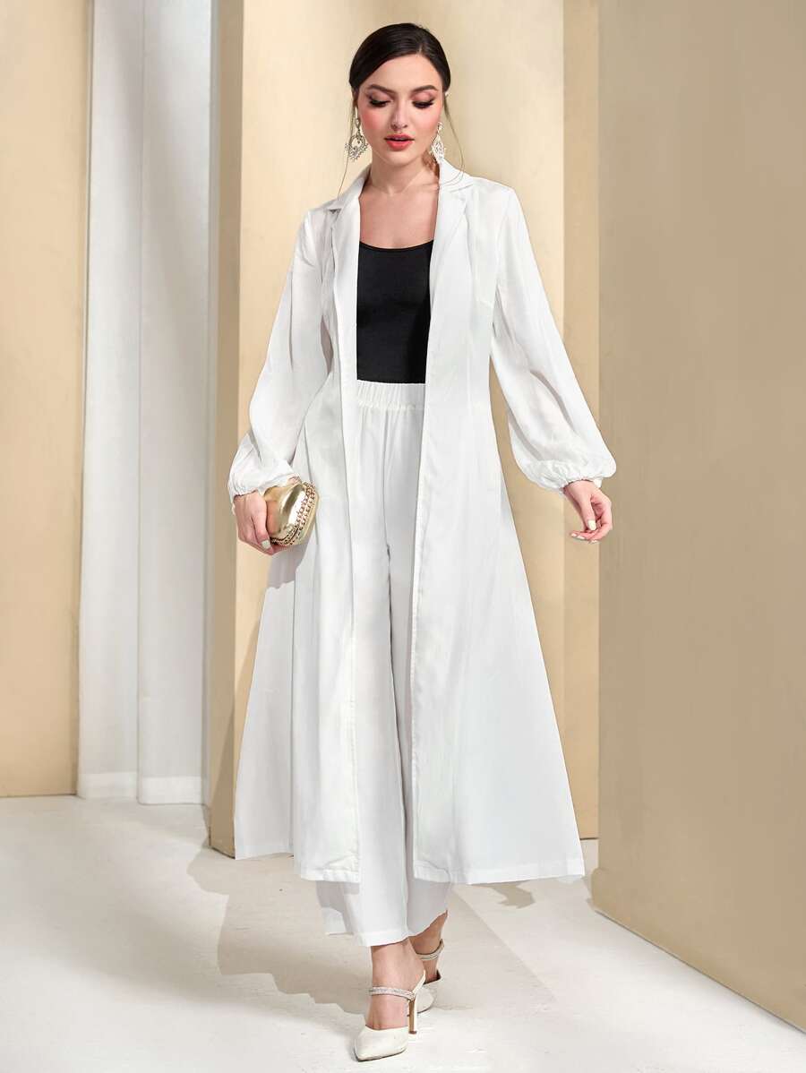 Modelyn Solid Lantern Sleeve Coat & Wide Leg Trousers - White - View 1