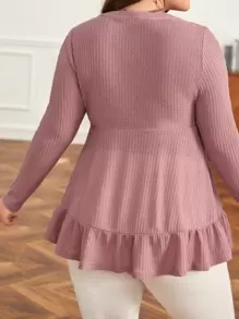 SHEIN Frenchy Plus Waffle Knit Ruffle Hem Tee - Dusty Pink - View 6