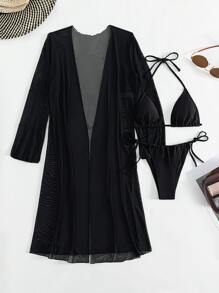 3packs Plain Halter Summer Beach Bikini Set & Kimono - Black - View 5
