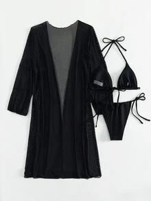 3packs Plain Halter Summer Beach Bikini Set & Kimono - Black - View 2