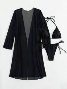 3packs Plain Halter Summer Beach Bikini Set & Kimono - Black - View 3