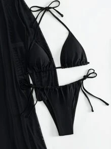 3packs Plain Halter Summer Beach Bikini Set & Kimono - Black - View 4