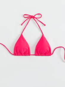 Top de bikini de verano de un solo color con escote de halter - Rosa Fucsia - Ver 3