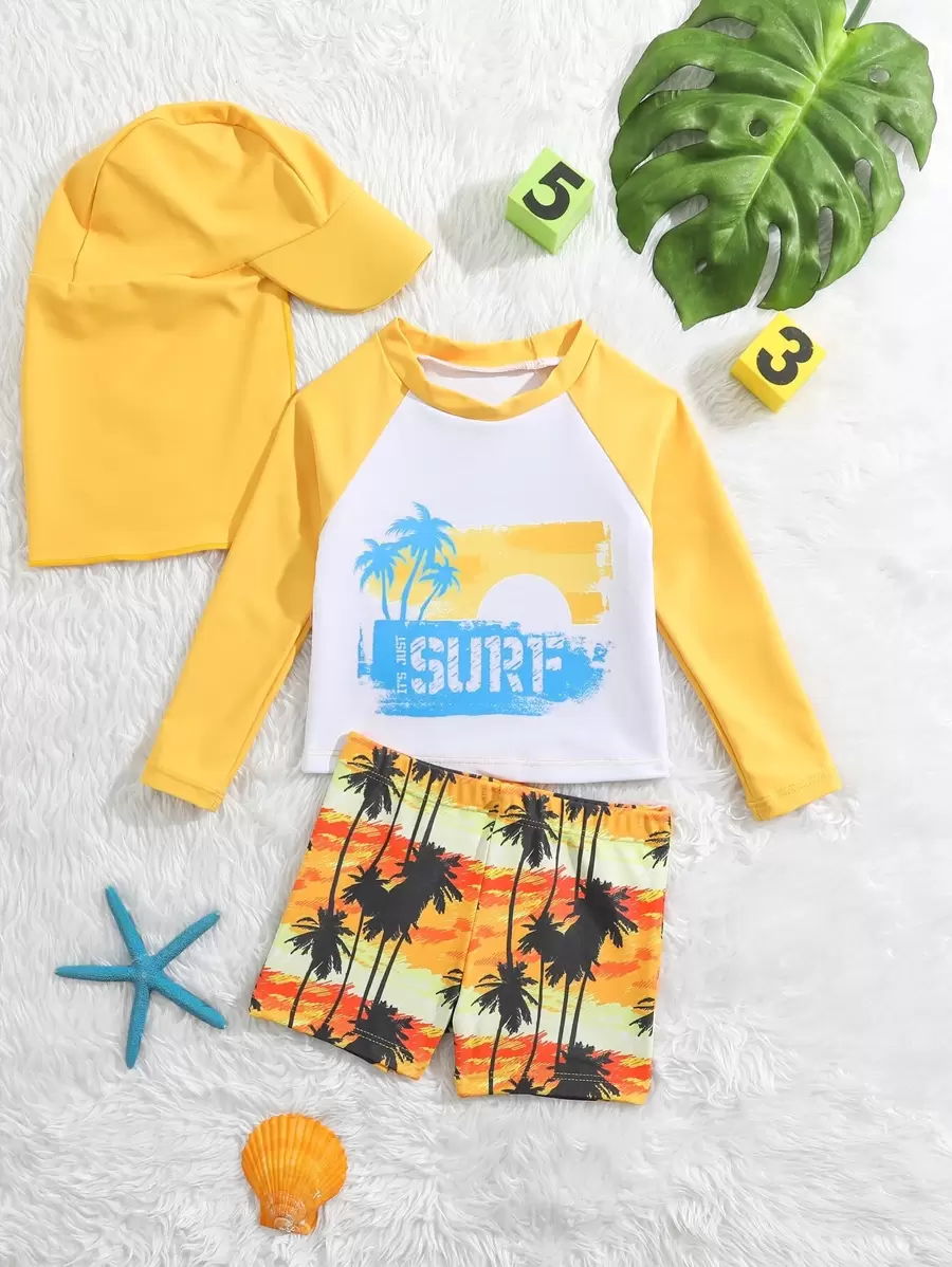 Baby Boy Coconut Tree Print Beach Swimsuit With Swim Cap - Multicolor - View 1