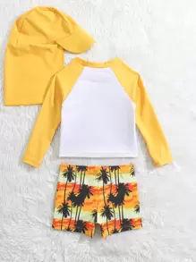 Baby Boy Coconut Tree Print Beach Swimsuit With Swim Cap - Multicolor - View 2