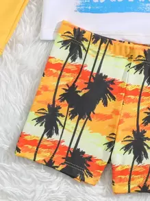 Baby Boy Coconut Tree Print Beach Swimsuit With Swim Cap - Multicolor - View 4